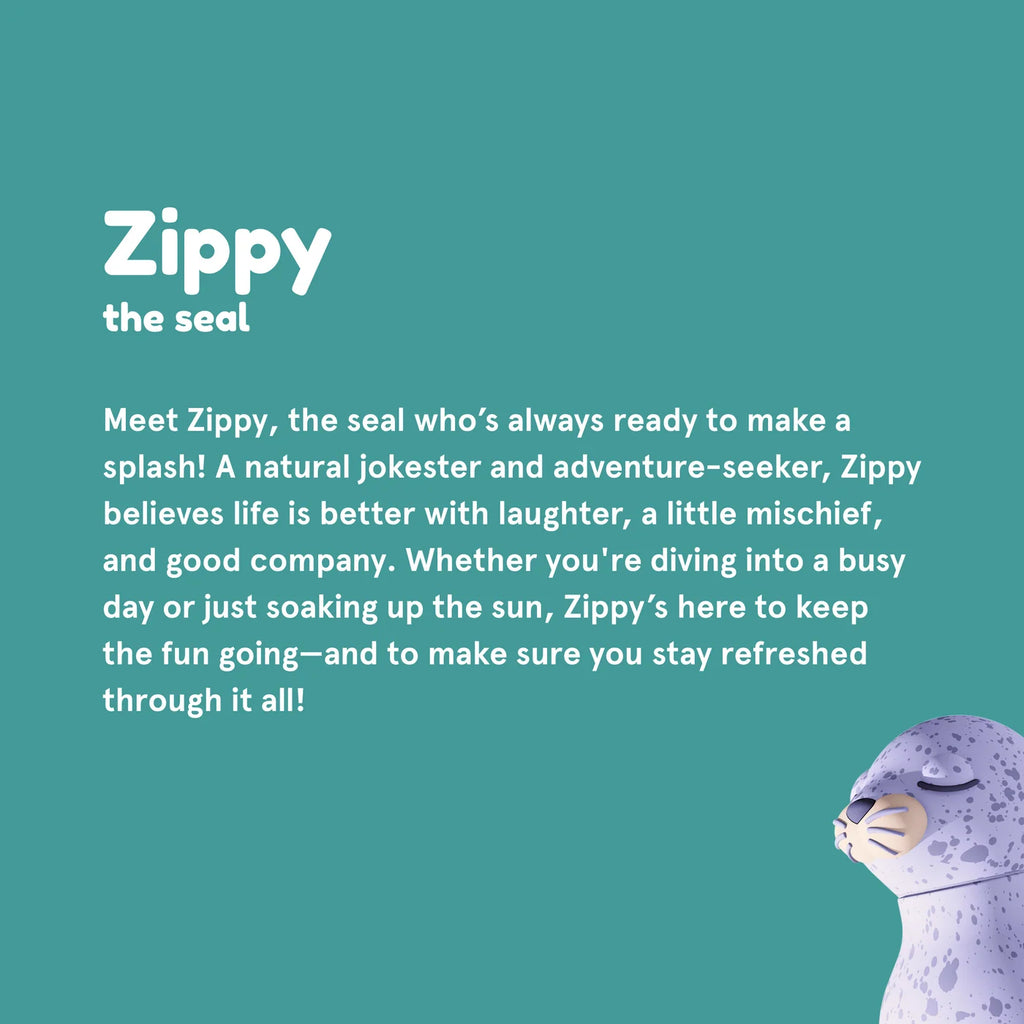 Promotional image of Zippy the seal with text on a teal background