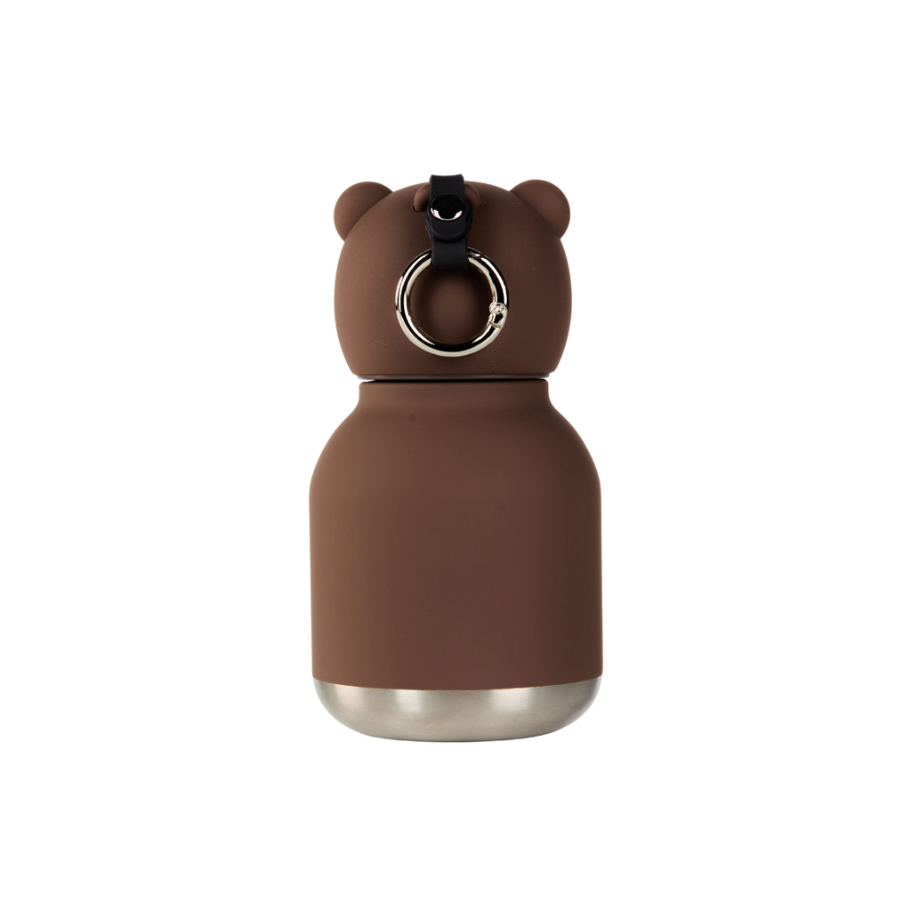 Brown bear-shaped water bottle with a keyring on a white background