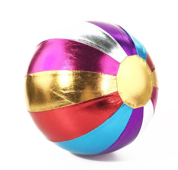 Colorful striped ball with gold accents on a white background