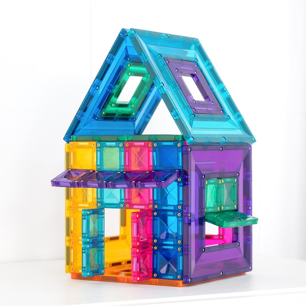 Colourful house built from CONNETIX portal tiles with windows and a sloping roof