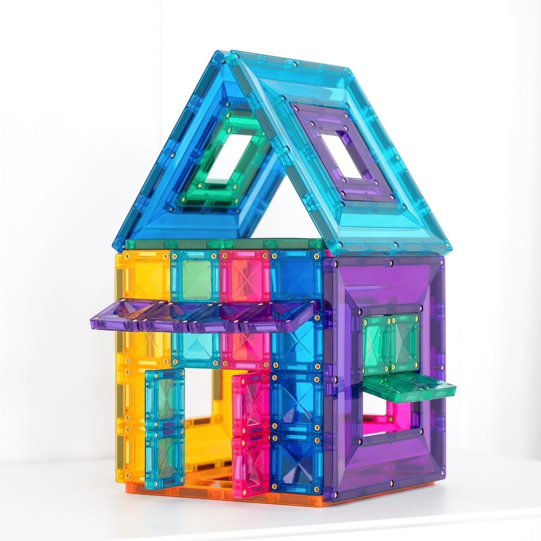 Colourful house built from CONNETIX portal tiles with windows and a sloping roof