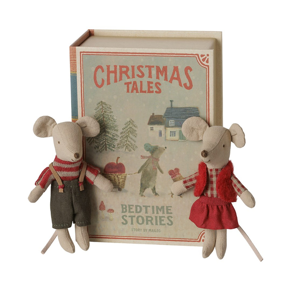 Maileg Christmas twin mice little sister and brother with the Christmas Tales Bedtime Stories book