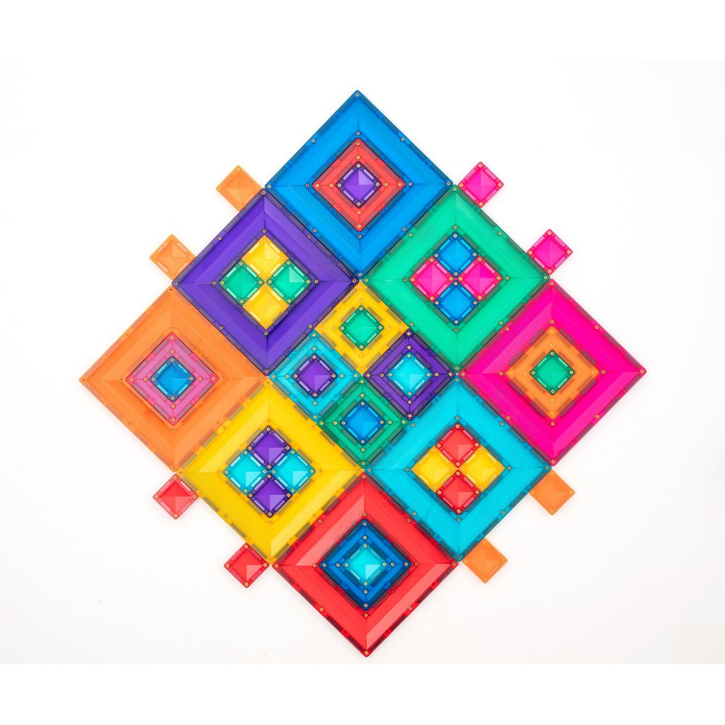 Nested rainbow diamond pattern made from CONNETIX portal tiles in three sizes