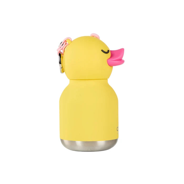Yellow rubber duck-shaped water bottle with a pink beak on a white background