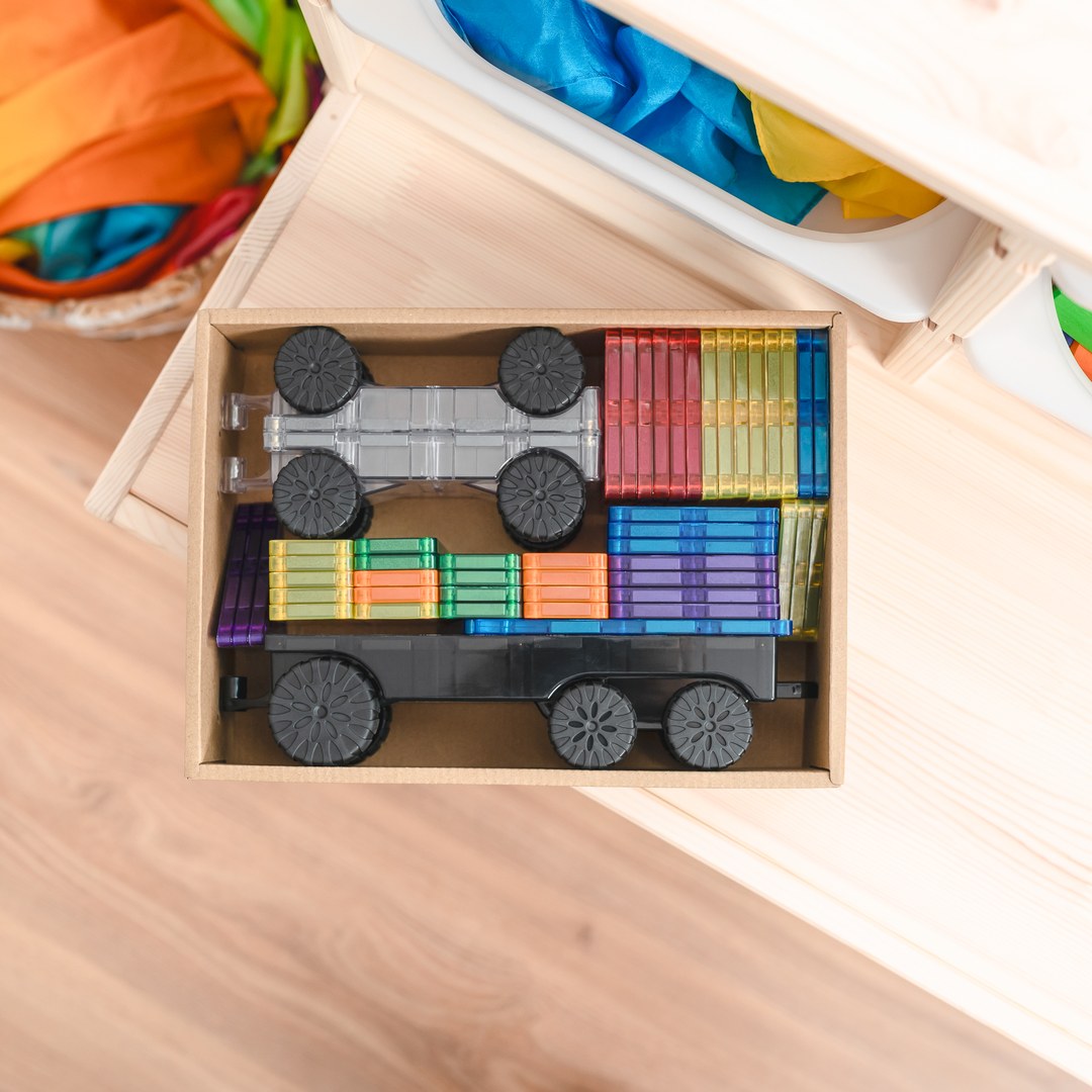 CONNETIX Rainbow Transport Pack tiles and motion bases neatly stored in their box