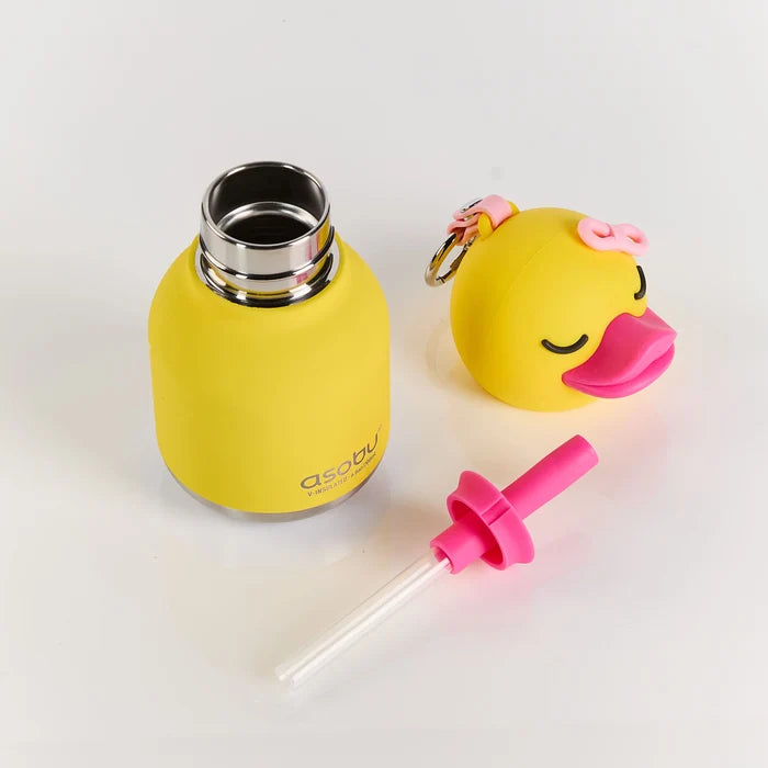 Yellow water bottle with pink straw and duck-shaped keychain on a white background