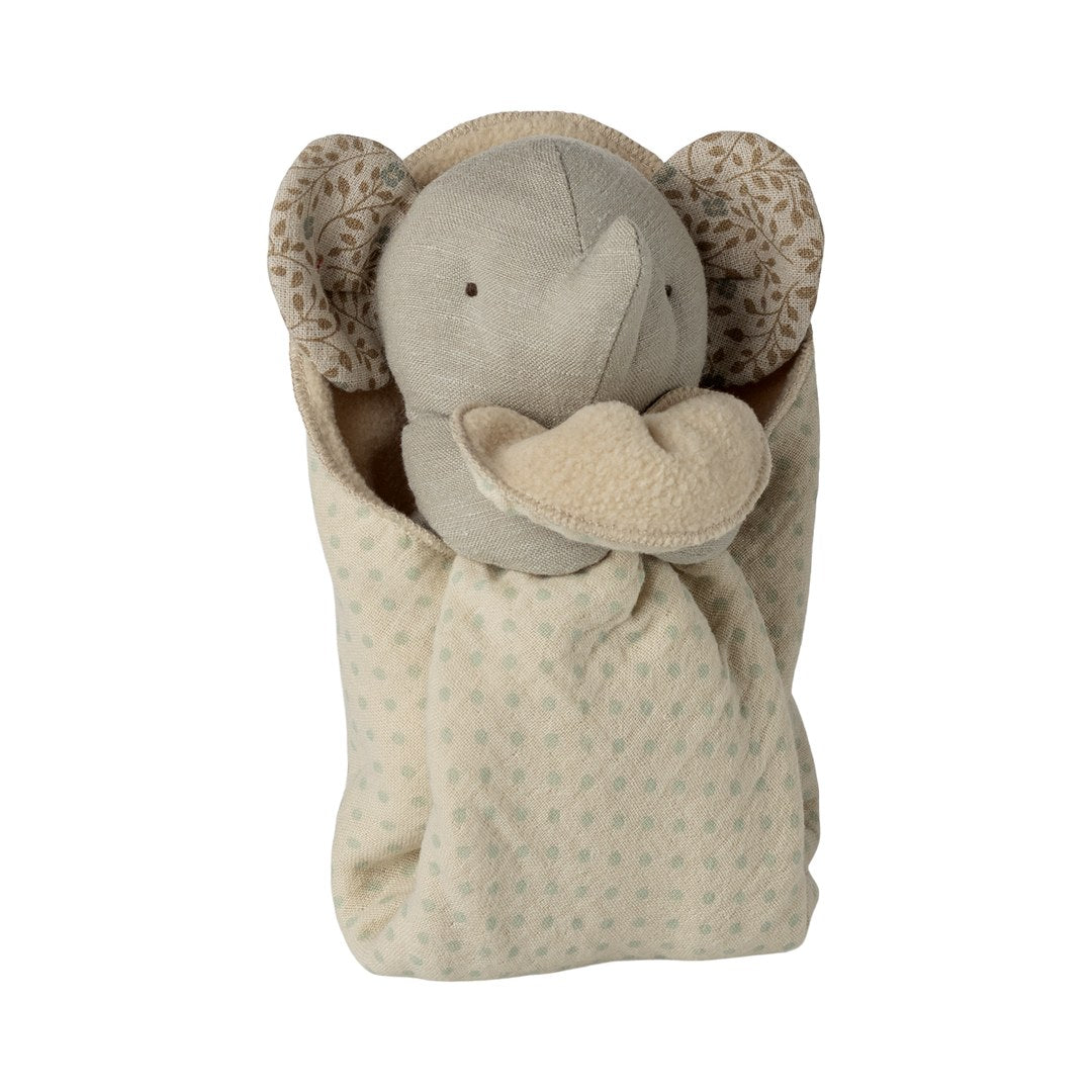 Maileg Lullaby Friends mini elephant in iron grey wrapped in its dotted sleeping bag