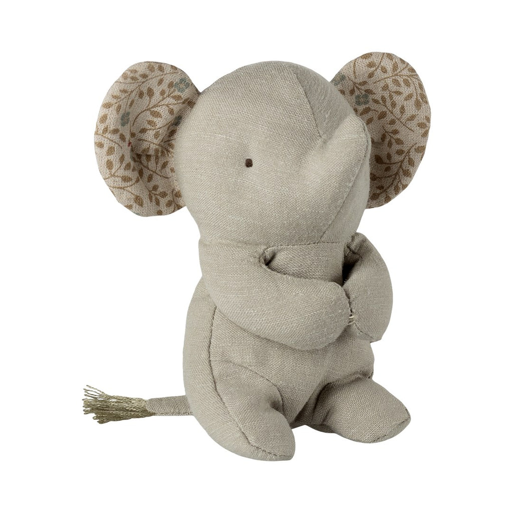 Maileg Lullaby Friends mini elephant in iron grey linen with floral ears, sitting