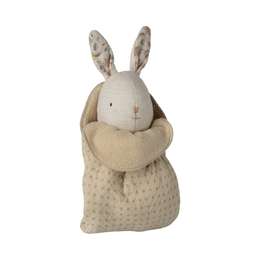 Maileg Lullaby Friends mini bunny in nature linen wrapped in its dotted sleeping bag