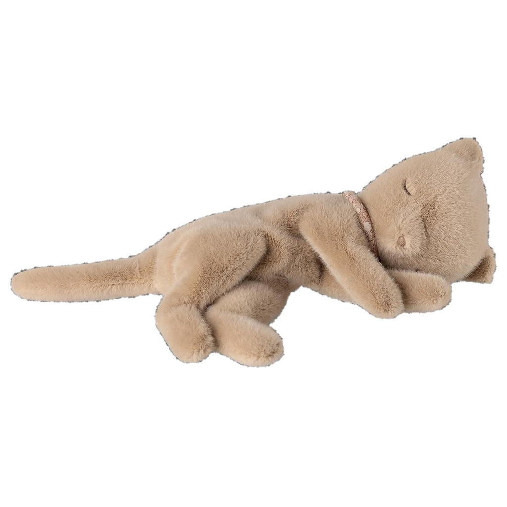 Maileg sleeping kitten plush small in cream peach with a floral collar