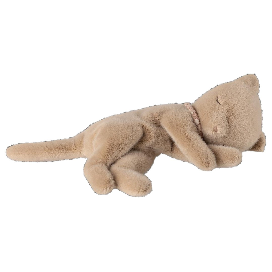 Maileg sleeping kitten plush small in cream peach with a floral collar