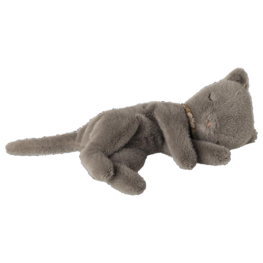 Maileg sleeping kitten plush small in grey with a floral collar
