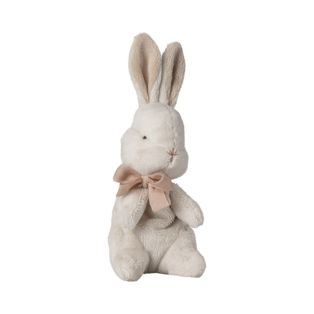Maileg My First Bunny powder plush with a pink satin bow, front view