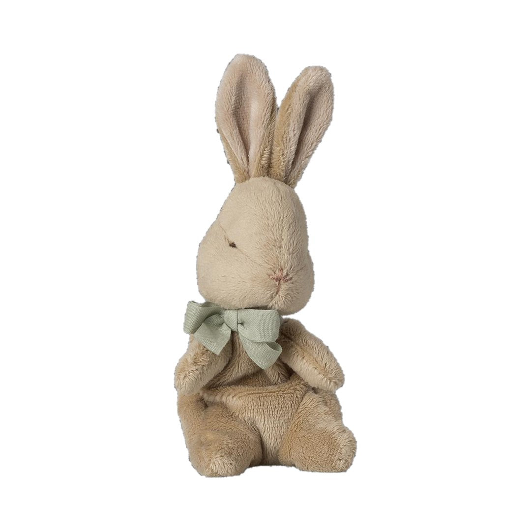Maileg My First Bunny plush with a mint satin bow, front view