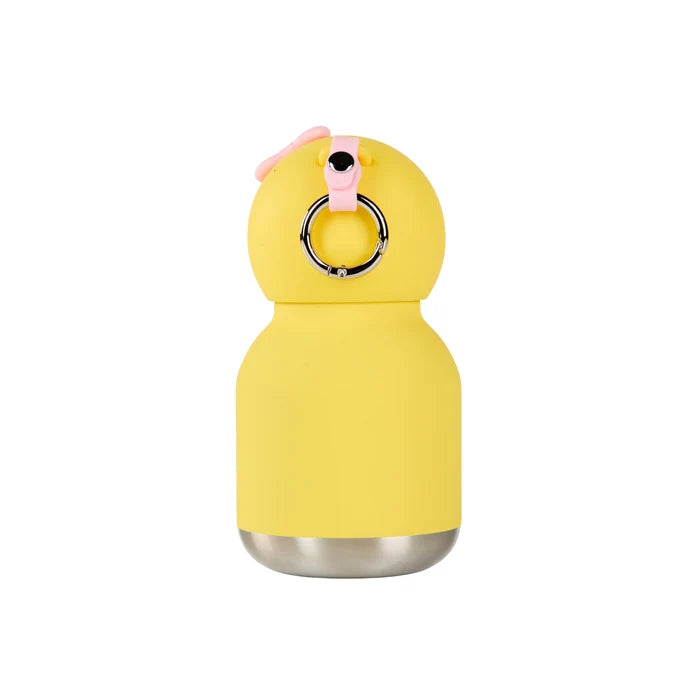 Yellow water bottle with a pink lid and black cap on a white background