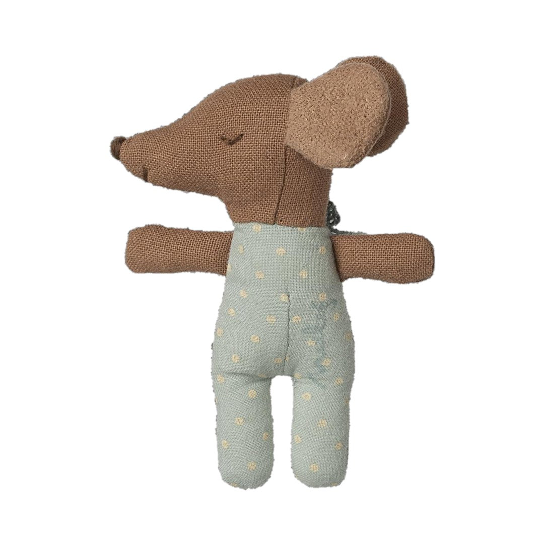 Maileg Sleepy Wakey baby mouse in blue, sleepy side with closed eyes