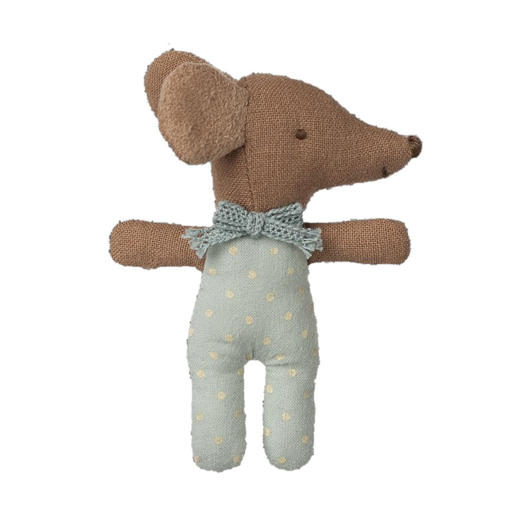 Maileg Sleepy Wakey baby mouse in blue, wide awake side with a knitted bow