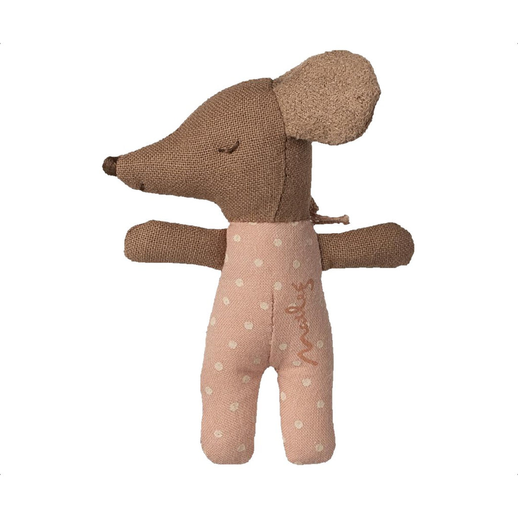 Maileg Sleepy Wakey baby mouse in rose, front view with sleepy closed eyes and pink polka dot romper
