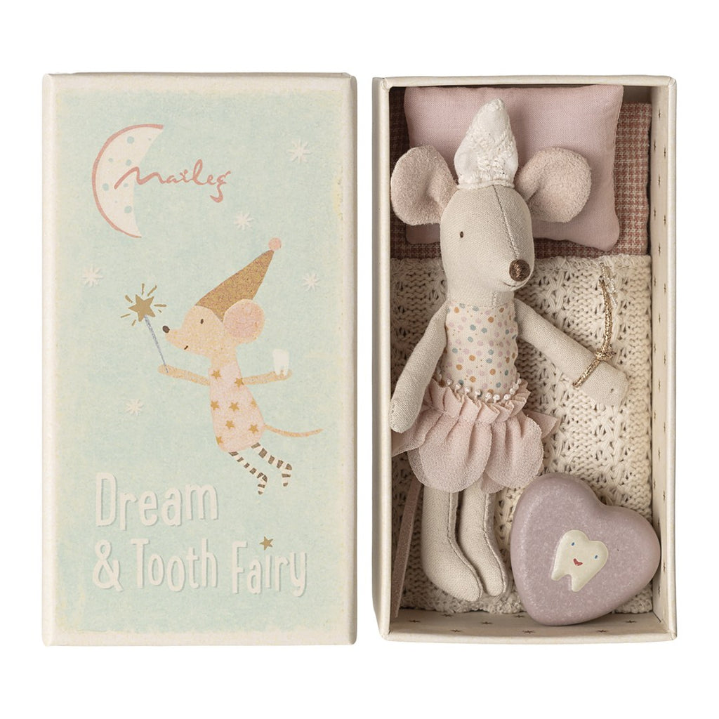 Maileg Tooth Fairy little sister mouse in a pink tulle tutu and lace crown lying in her matchbox bed with a lilac heart tooth box, Dream & Tooth Fairy lid beside