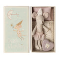 Maileg Tooth Fairy little sister mouse in a pink tulle tutu and lace crown lying in her matchbox bed with a lilac heart tooth box, Dream & Tooth Fairy lid beside