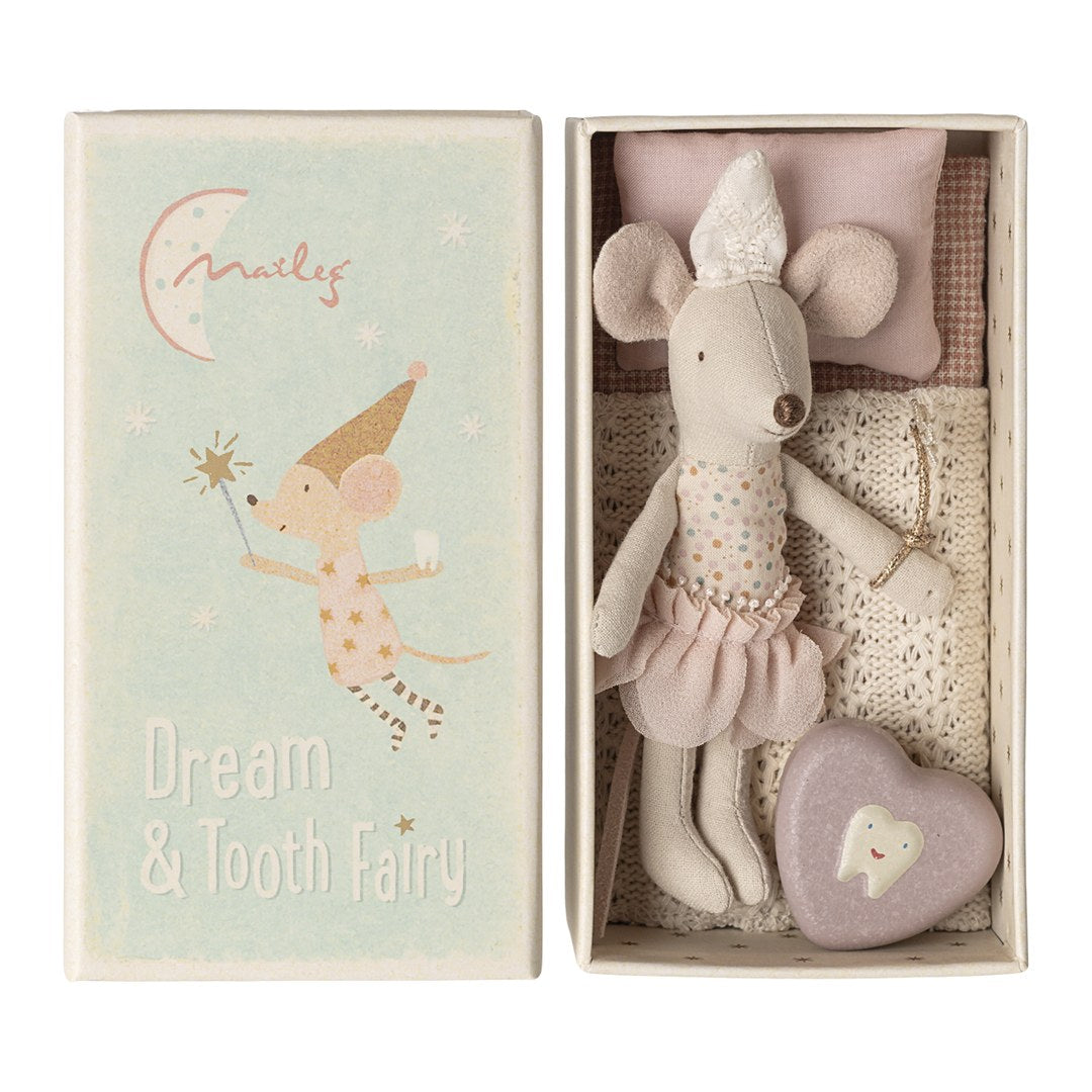 Maileg Tooth Fairy little sister mouse in a pink tulle tutu and lace crown lying in her matchbox bed with a lilac heart tooth box, Dream & Tooth Fairy lid beside