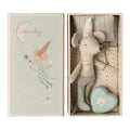 Maileg Tooth Fairy little brother mouse in a striped top and lace crown in his matchbox bed with a mint heart tooth box