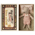 Maileg little sister mouse in pink gingham pyjamas lying in a Mouse Race matchbox bed