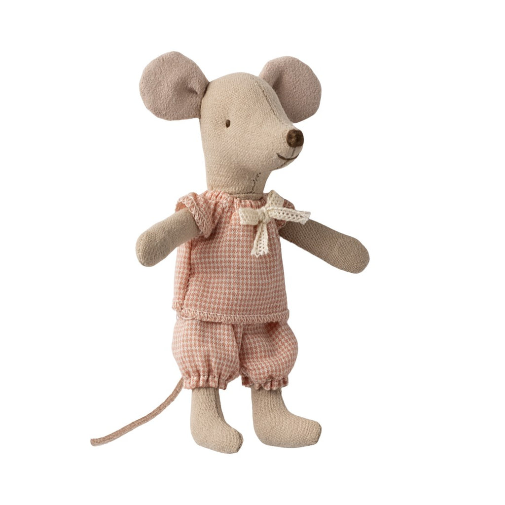 Maileg little sister mouse standing in pink gingham pyjamas, front view