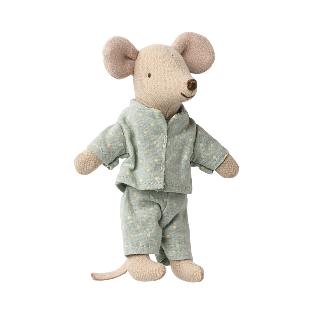 Maileg little brother mouse standing in mint polka dot pyjamas, front view