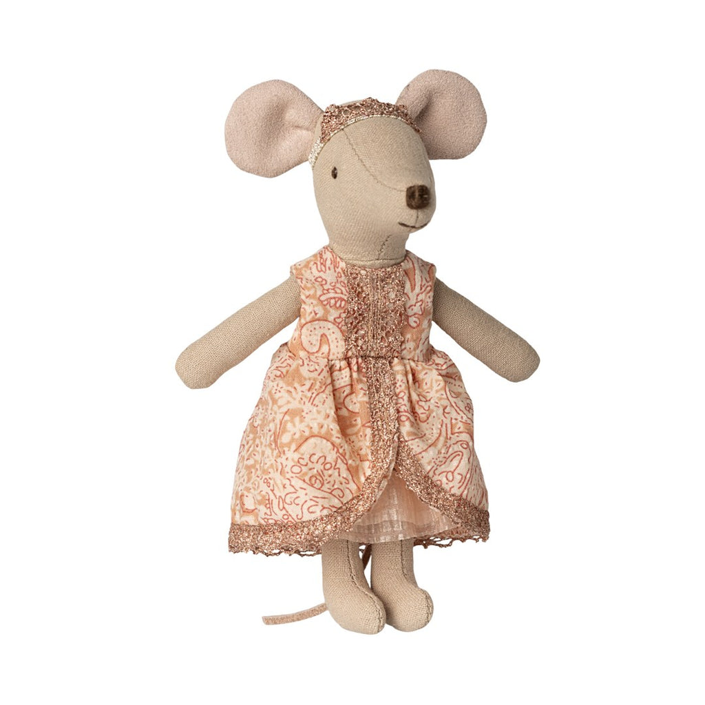 Maileg Princess and the Pea big sister mouse in a coral paisley dress and gold crown, front view