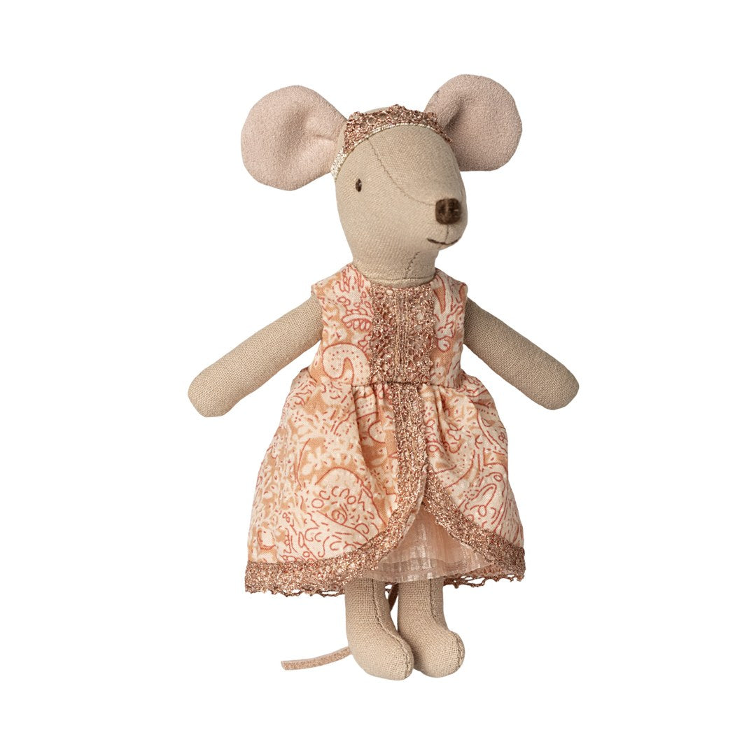 Maileg Princess and the Pea big sister mouse in a coral paisley dress and gold crown, front view