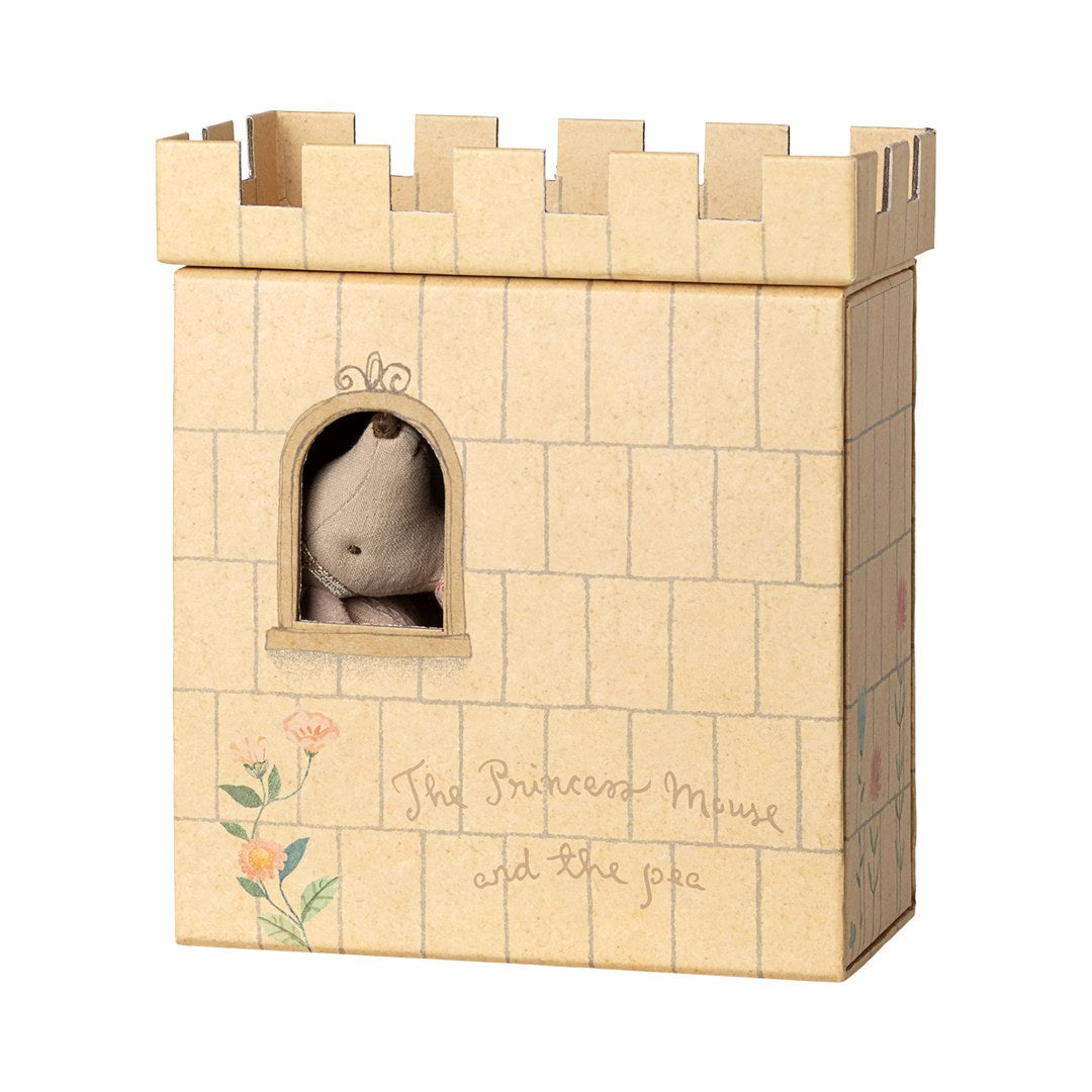 Maileg Princess and the Pea castle tower box closed, mouse peeking from the window