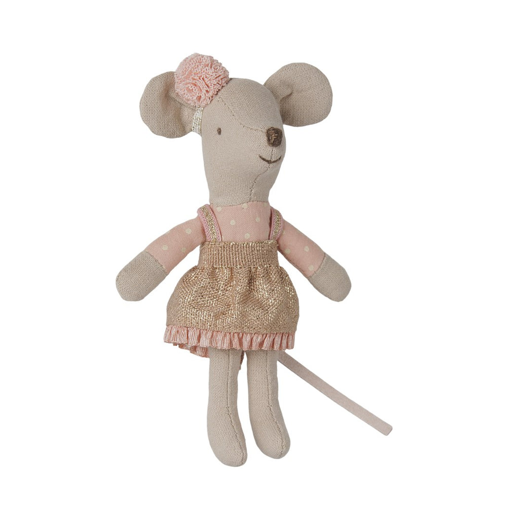 Maileg Driver Mouse little sister in a pink top, gold sparkle skirt and pink pompom hair flower, front view