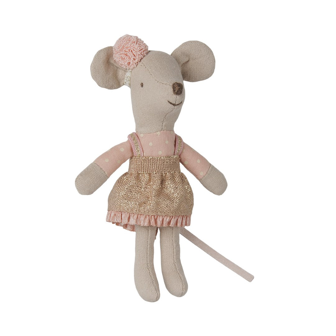 Maileg Driver Mouse little sister in a pink top, gold sparkle skirt and pink pompom hair flower, front view