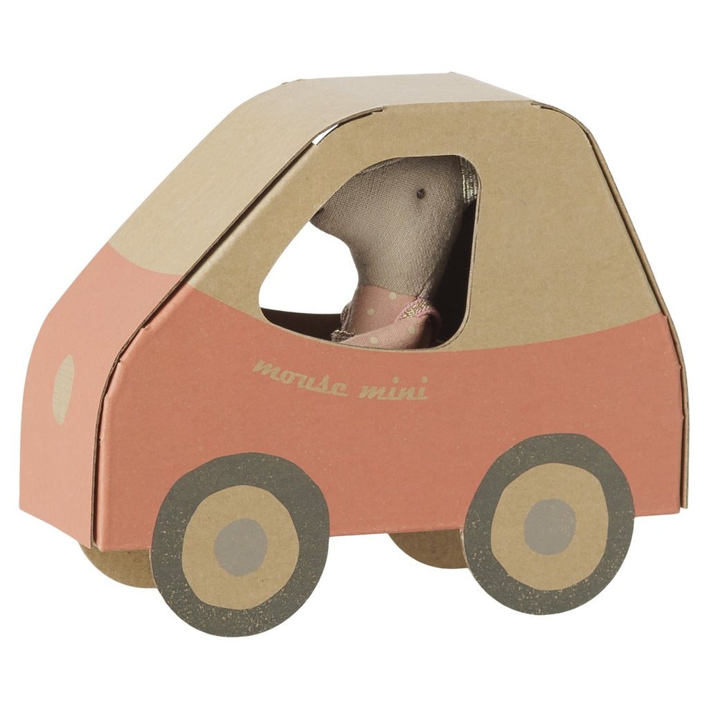 Maileg Driver Mouse little sister sitting in her pink mouse mini cardboard car box