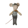 Maileg Driver Mouse little brother in a flat cap, argyle tank top, bow tie and grey trousers, front view