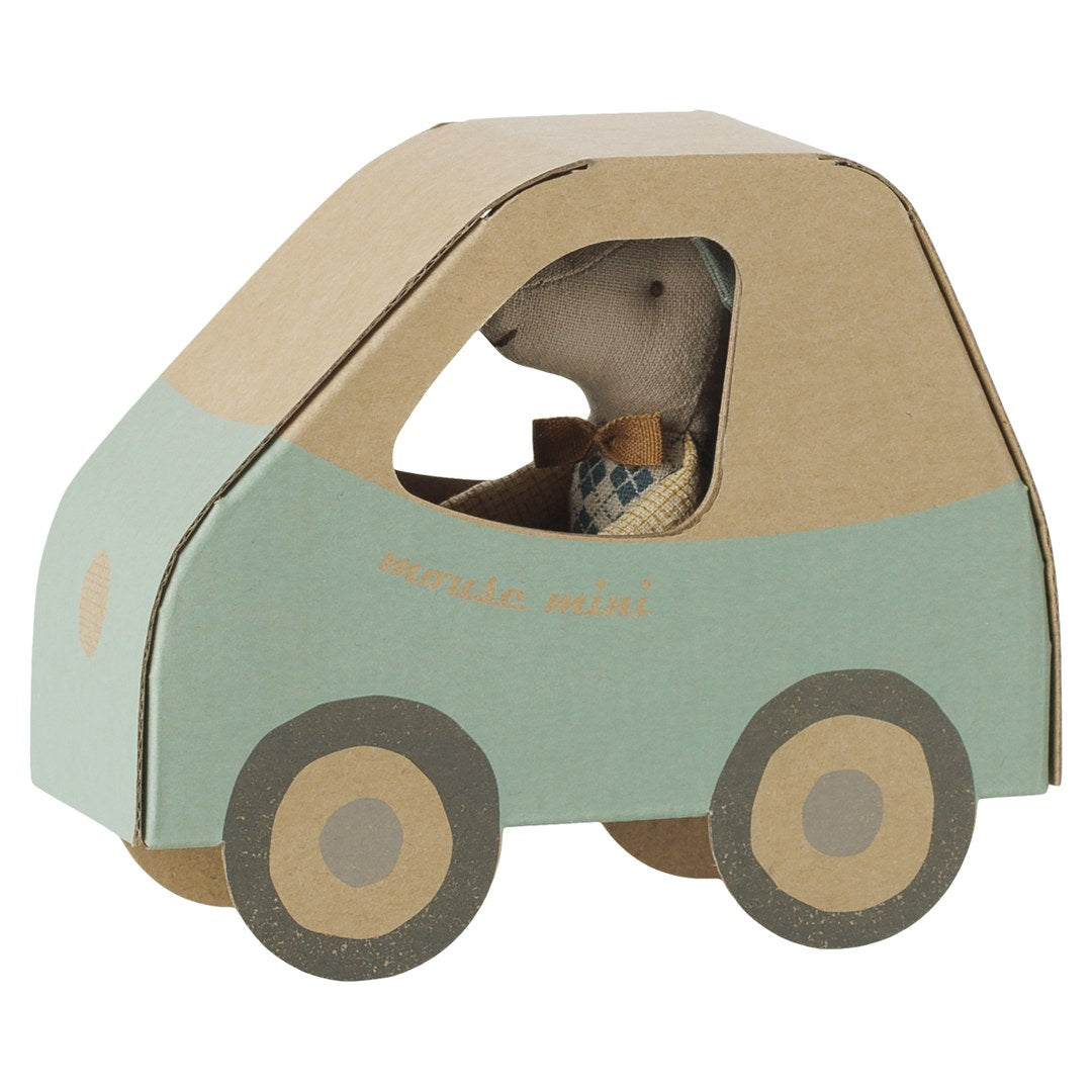 Maileg Driver Mouse little brother sitting in his mint mouse mini cardboard car box