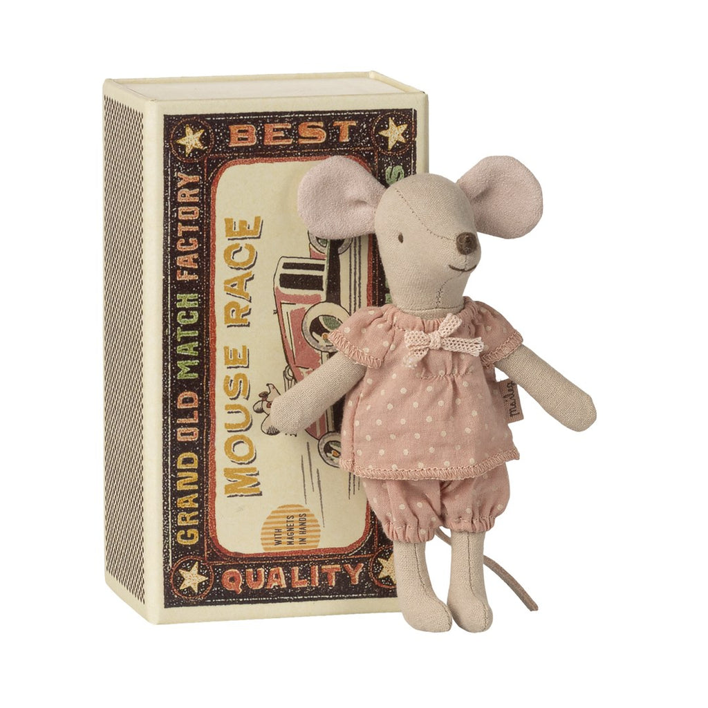 Maileg big sister mouse in pink polka dot dress and bloomers standing in front of her matchbox