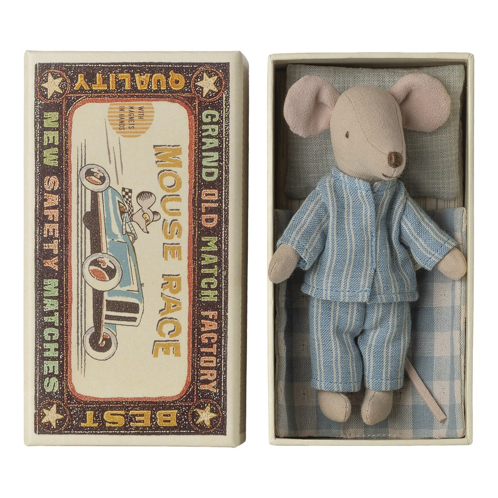Maileg big brother mouse in blue striped pyjamas lying in a Mouse Race matchbox bed