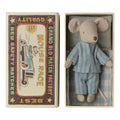 Maileg big brother mouse in blue striped pyjamas lying in a Mouse Race matchbox bed