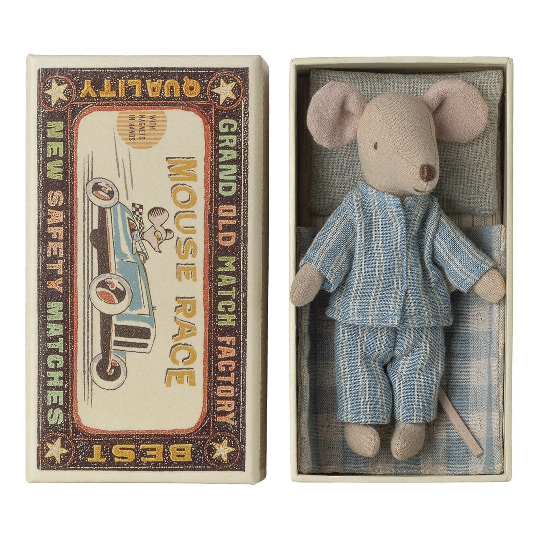 Maileg big brother mouse in blue striped pyjamas lying in a Mouse Race matchbox bed