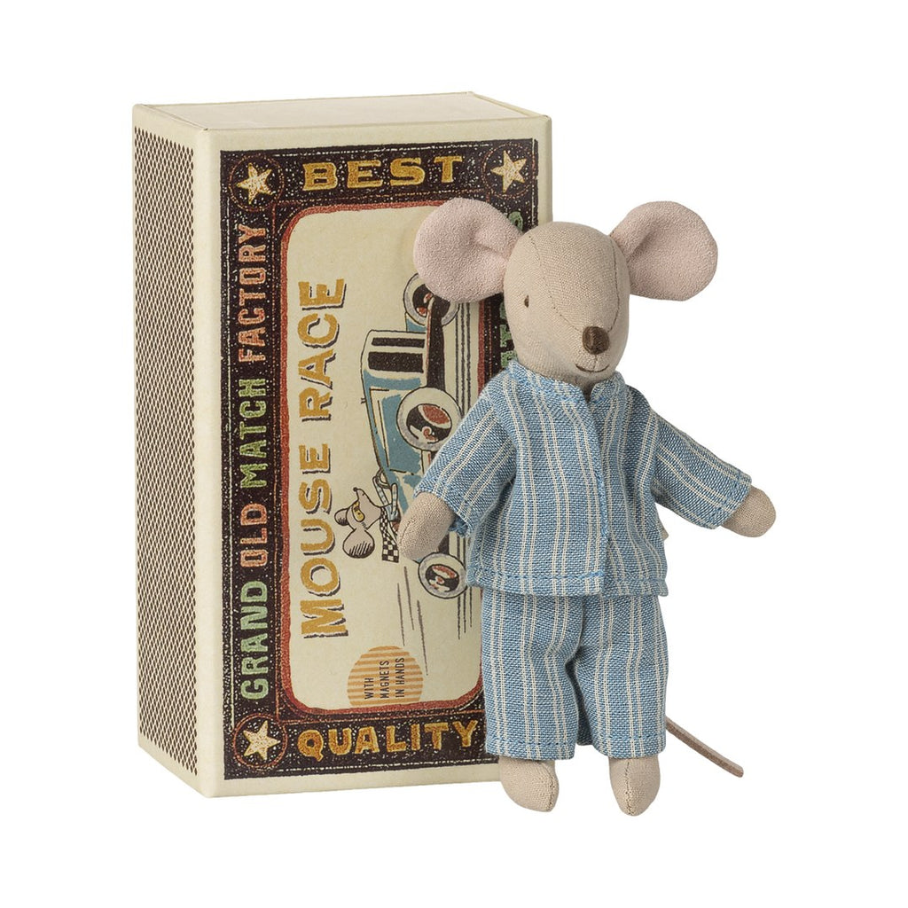 Maileg big brother mouse in blue striped pyjamas standing in front of his matchbox