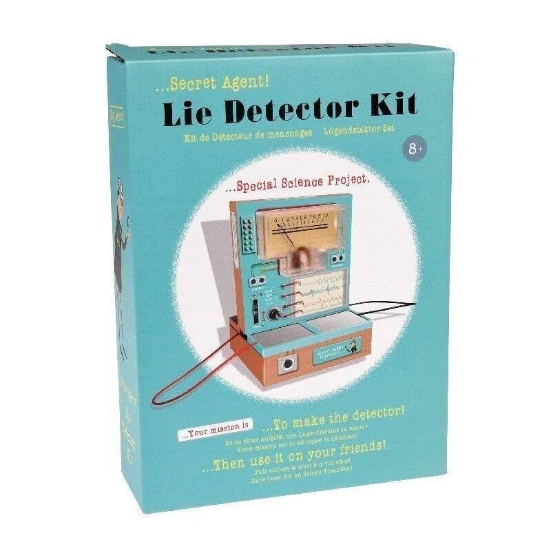 Box for a lie detector kit with text and illustration on a white background