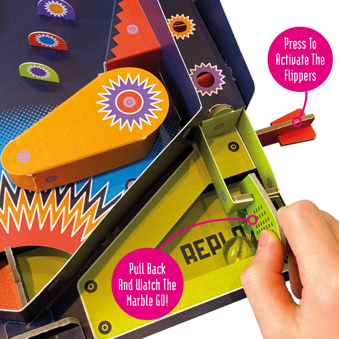 Marble run toy with colourful design and hand interacting with it