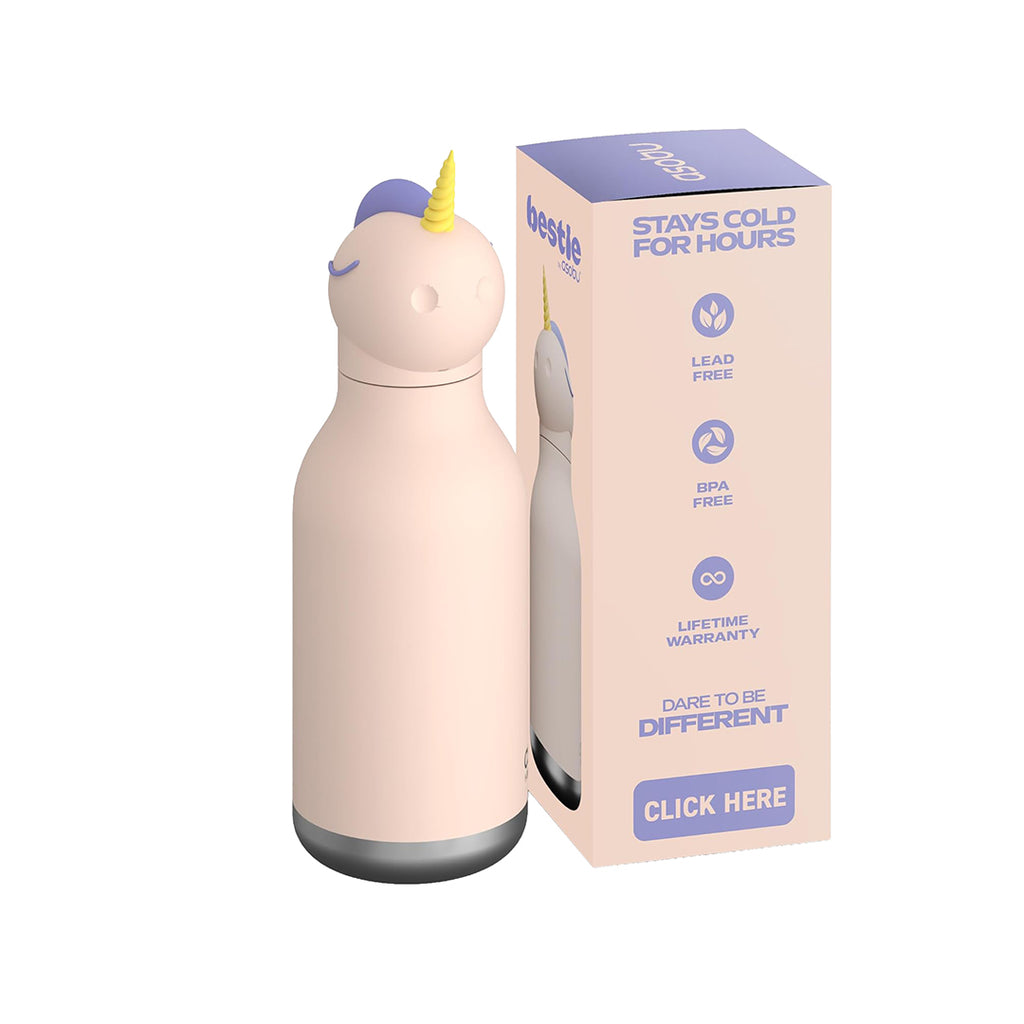 A pastel pink unicorn-shaped water bottle with a yellow horn and purple ear detail, shown next to its matching light pink and lavender packaging box on a white background.