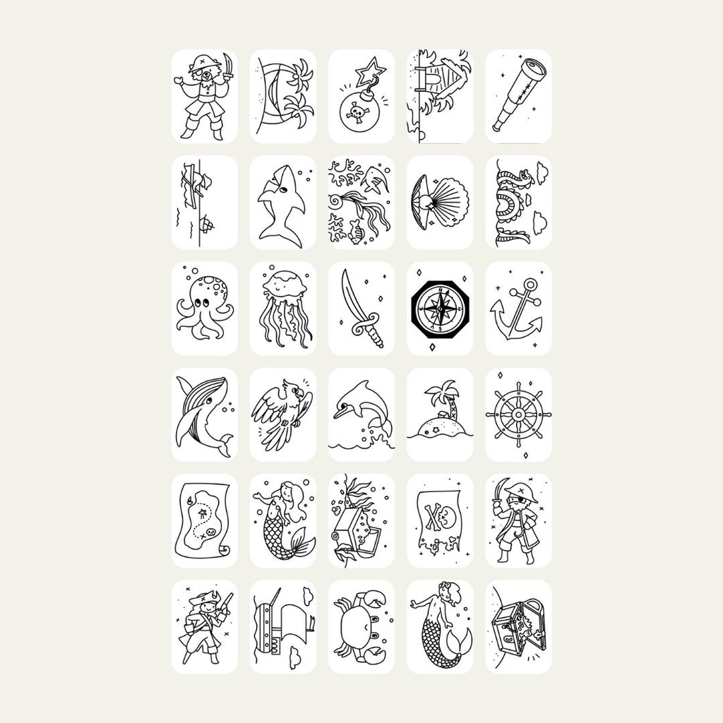 All 30 Oceans and Pirates refill card designs for KIDYDRAW MINI, including pirates, a pirate ship, treasure map, octopus, shark, whale, mermaids, a compass and an anchor