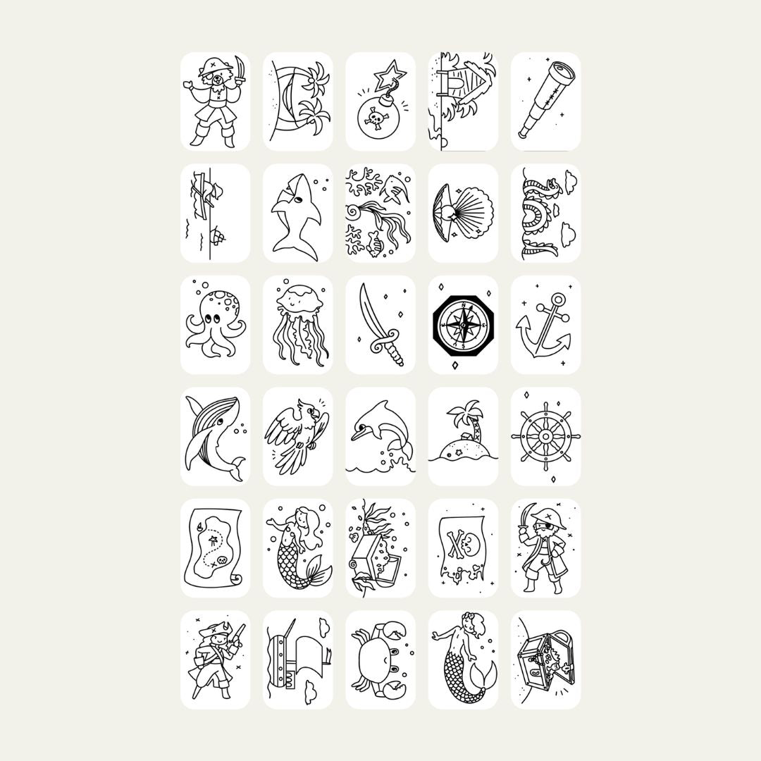 All 30 Oceans and Pirates refill card designs for KIDYDRAW MINI, including pirates, a pirate ship, treasure map, octopus, shark, whale, mermaids, a compass and an anchor