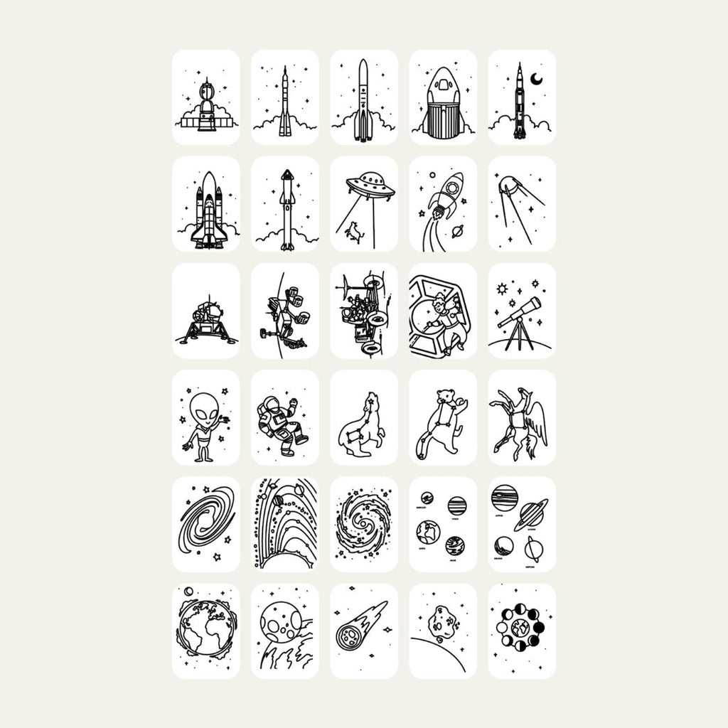 All 30 Galaxy refill card designs for KIDYDRAW MINI, including rockets, a space shuttle, a UFO, astronauts, constellations, planets and the Moon