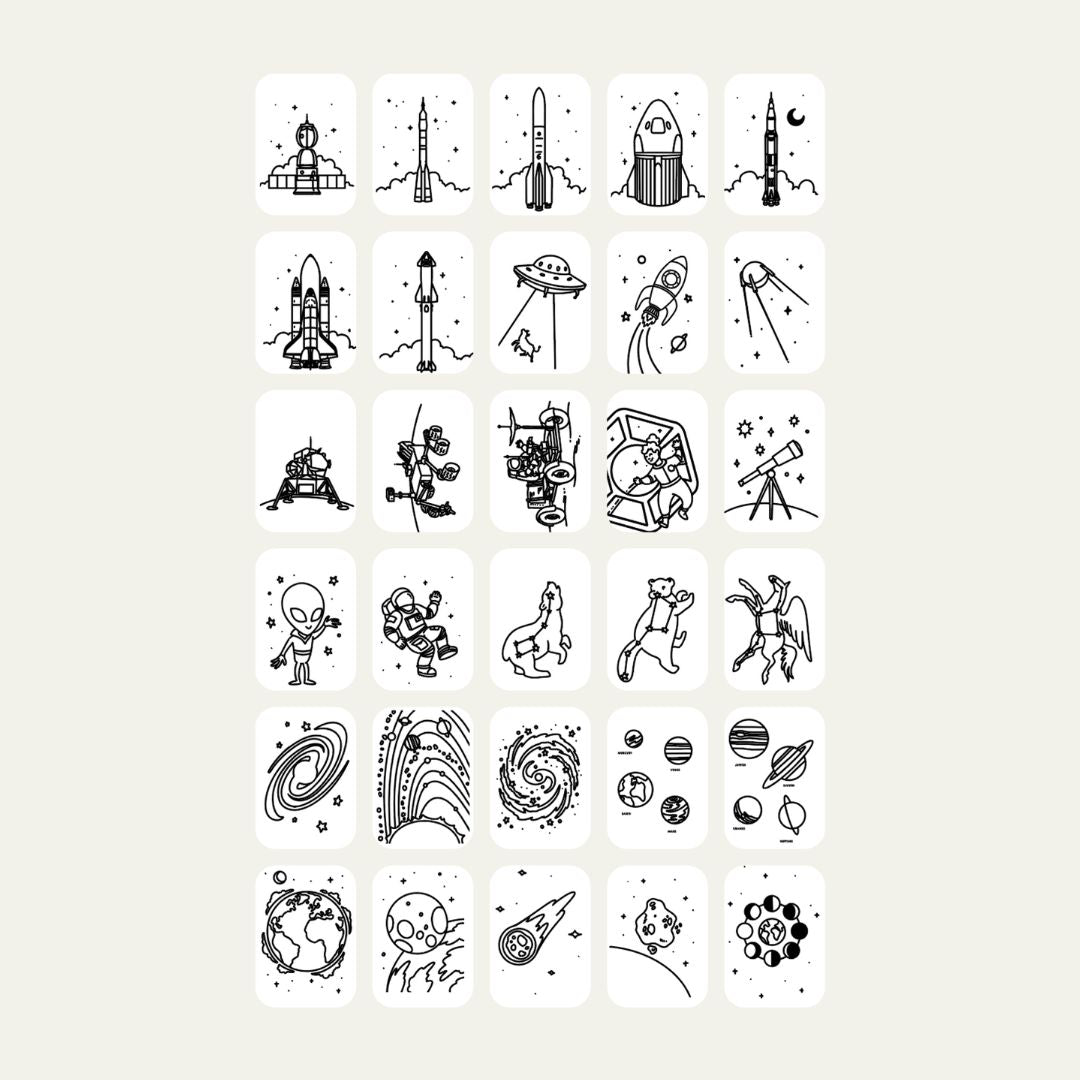All 30 Galaxy refill card designs for KIDYDRAW MINI, including rockets, a space shuttle, a UFO, astronauts, constellations, planets and the Moon