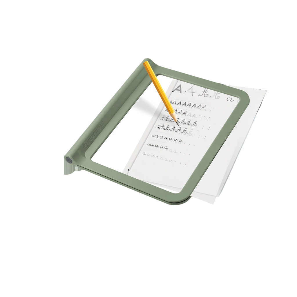 Green kiddy draw pro tablet with a yellow pencil on a white background